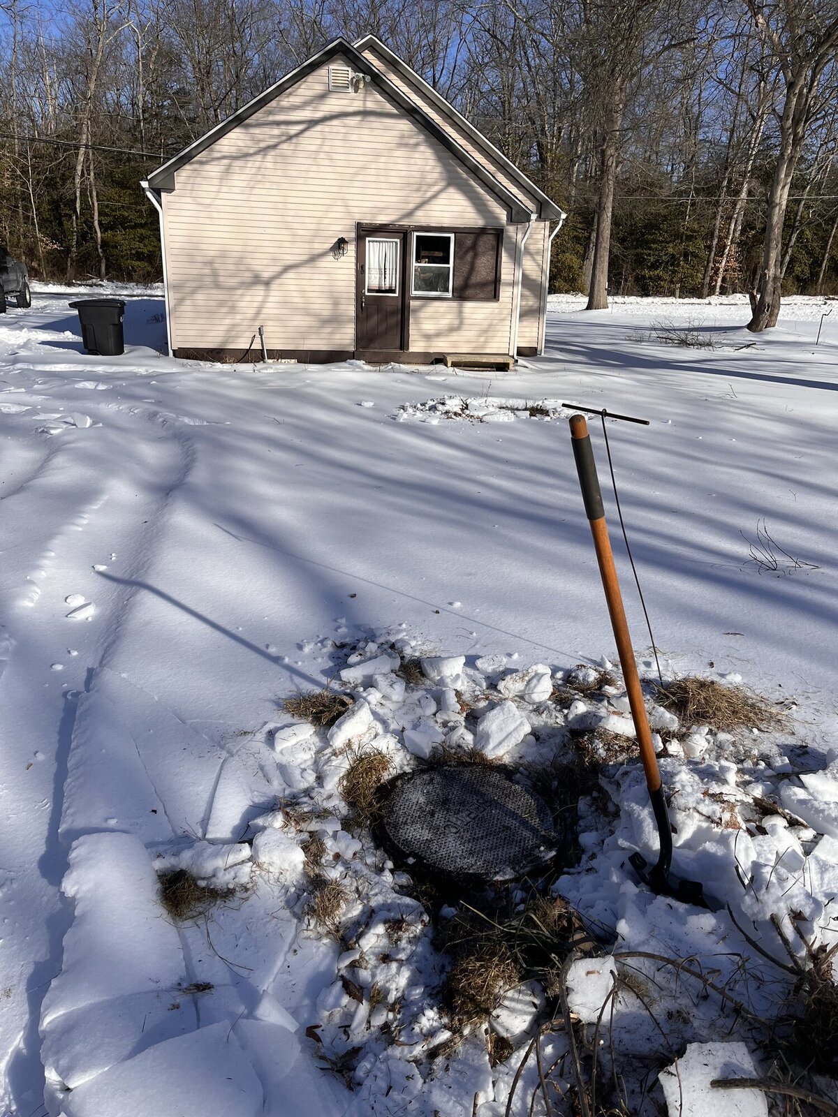 Property in Upper Pittsgrove, NJ where ACT Plumbing replaced a failed sewer line and rebuilt below-grade drainage in winter conditions